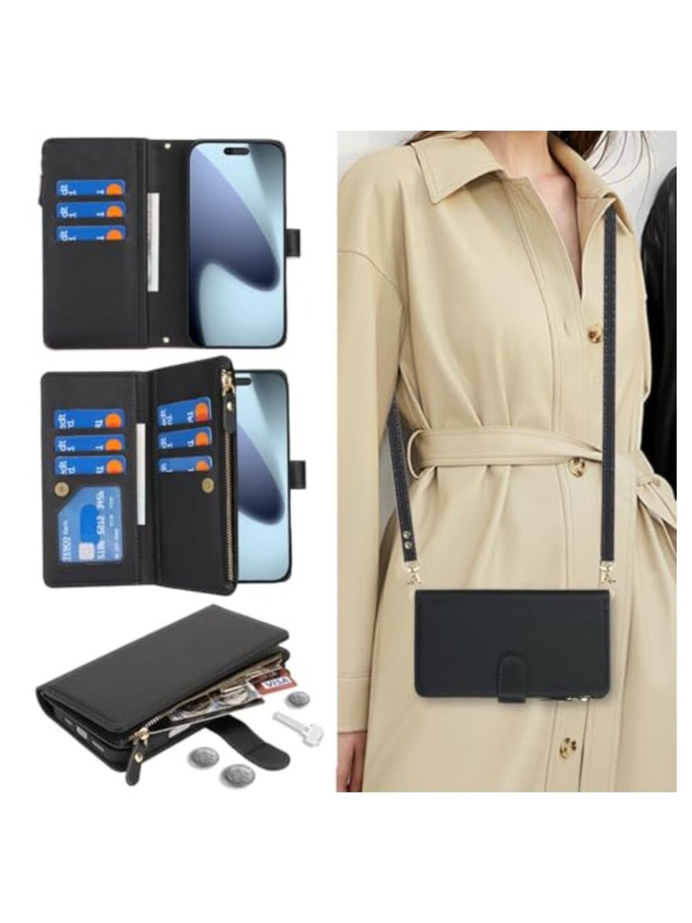 PU Leather Crossbody Wallet Case with Card Slots & Lanyard for iPhone 17 Pro Max